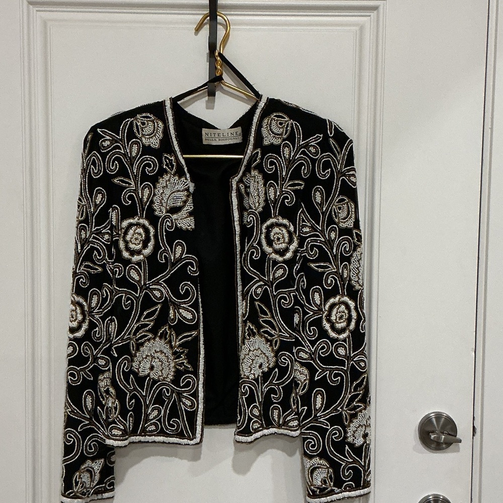 Vintage Black Embroidered sequins Open-Front Jacket